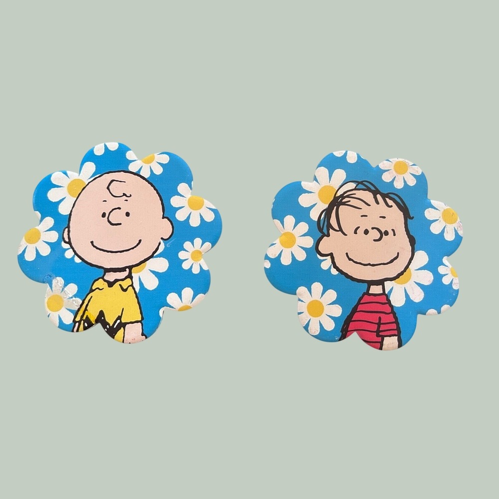 Peanuts Linus and Charlie Brown Coaster Set Ceramic Blue 4" Retro Flower Power
